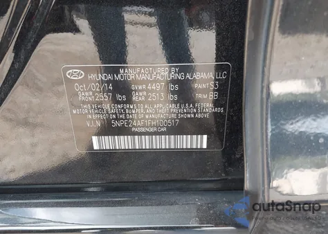 2015 Hyundai Sonata Se from USA, damaged, VIN 5NPE24AF1FH100517